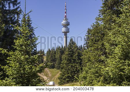 Snezhanka tower seen in Pamporovo resort in Rhodopes mountain.