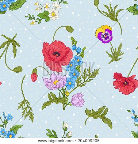 Seamless pattern with poppy flowers, daffodils, anemones, violets in botanical vintage style. On blue background with white polka dots. Stock line vector illustration.