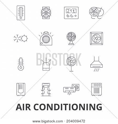 Air conditioning, hvac, coolling, heating, refrigerator, thermostat, thermometer line icons. Editable strokes. Flat design vector illustration symbol concept. Linear signs isolated on white background