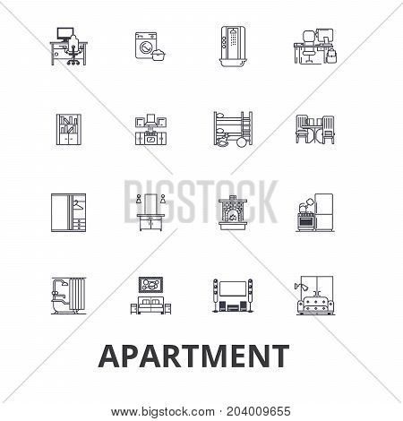 Apartment, building, house, interior, flat, complex, architecture, living room line icons. Editable strokes. Flat design vector illustration symbol concept. Linear signs isolated on white background