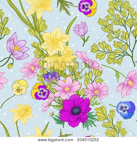 Seamless pattern with poppy flowers, daffodils, anemones, violets in botanical vintage style. On blue background with white polka dots. Stock line vector illustration.