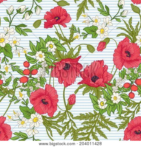Seamless pattern with poppy flowers, daffodils, anemones, violets in botanical vintage style. On blue and white stripes background . Stock line vector illustration.