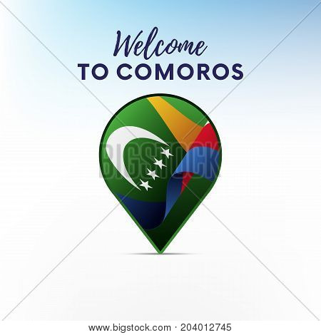 Flag of Comoros in shape of map pointer or marker. Welcome to Comoros. Vector illustration.