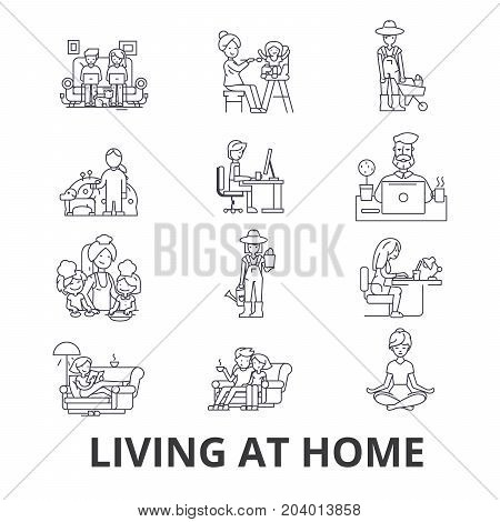 Living at home, help at home, living room furniture, living at home with parents line icons. Editable strokes. Flat design vector illustration symbol concept. Linear signs isolated on white background