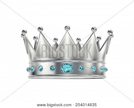 Platinum silver crown with blue gemstones isolated on white. 3D rendering with clipping path