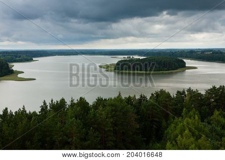 Aerial view of Sartai lake in Lithuania as seen from Sartai (Barstenai) observation tower