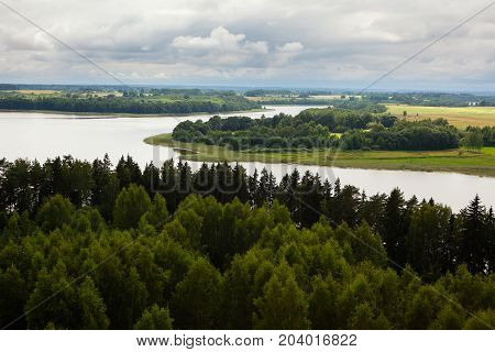 Aerial view of Sartai lake in Lithuania as seen from Sartai (Barstenai) observation tower