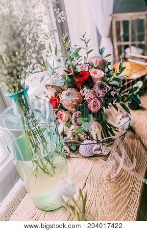 Wedding Bouquets on Table Ready for Ceremony