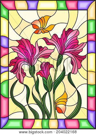 Illustration in stained glass style with a bouquet of pink irises and butterflies on a yellow background in a bright frame
