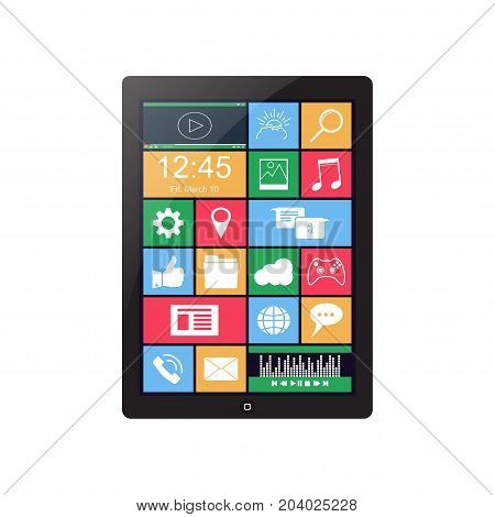 Realistic tablet with apps icons. Islolated on white background. Vector illustration.