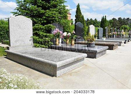 Tombstones in the Public cemtery in summer