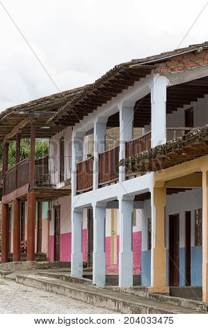 March 15, 2017 Vilcabamba Ecuador: storefront closeup of the colonial buildings of the center area of the popular expat destination town
