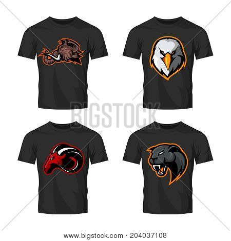 Furious panther, mammoth, eagle and ram sport vector logo concept set isolated on white background. 
Street wear mascot team badge design. Premium quality wild animal emblem t-shirt tee print illustration.