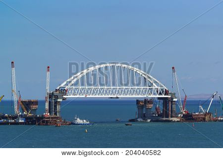 227-metre Arched Span Railway Bridge Under Construction Across The Kerch Strait On The Navigable Par