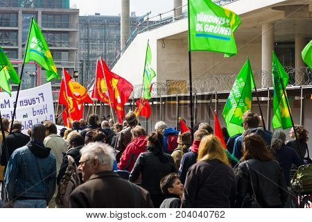 BERLIN - MAY 01 2015: Members of trade unions workers and employees at the demonstration on the occasion of Labour day.