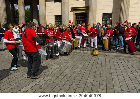 BERLIN - MAY 01 2015: International Labour Day. Demonstrators near the Brandenburg Gate.