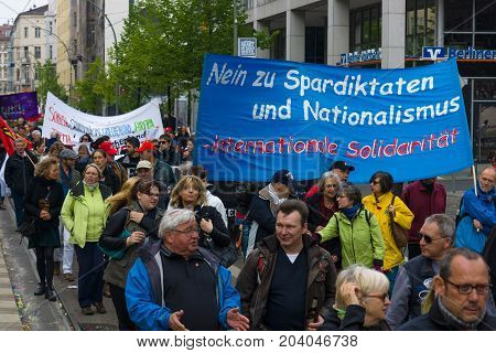BERLIN - MAY 01 2015: Members of trade unions workers and employees at the demonstration on the occasion of Labour day.