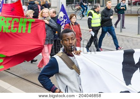 BERLIN - MAY 01 2015: Members of trade unions workers and employees at the demonstration on the occasion of Labour day.