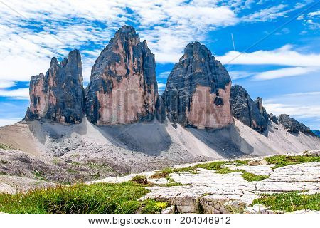 The Tre Cime di Lavaredo (Italian for "three peaks of Lavaredo" in the Sexten Dolomites of northeastern Italy.
