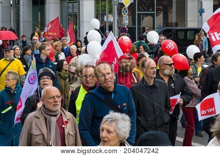 BERLIN - MAY 01 2015: Members of trade unions workers and employees at the demonstration on the occasion of Labour day.