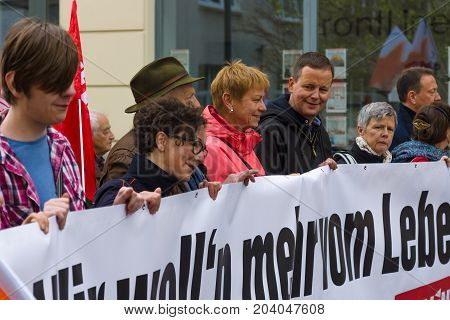 BERLIN - MAY 01 2015: Members of trade unions workers and employees at the demonstration on the occasion of Labour day.