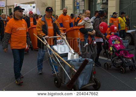 BERLIN - MAY 01 2015: International Labour Day. Workers Berliner Service Recycle (BSR) at the demonstration.
