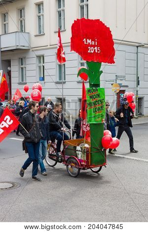 BERLIN - MAY 01 2015: Members of trade unions workers and employees at the demonstration on the occasion of Labour day.