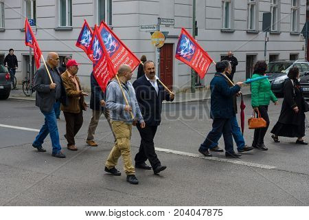 BERLIN - MAY 01 2015: Members of trade unions workers and employees at the demonstration on the occasion of Labour day.