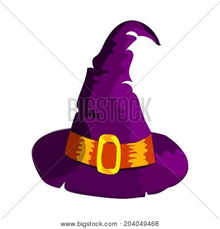 Cartoon Halloween witch hat wizard holiday magic cap costume fantasy october autumn witchcraft vector illustration. Scary magical wear spooky traditional party witchhat accessory.