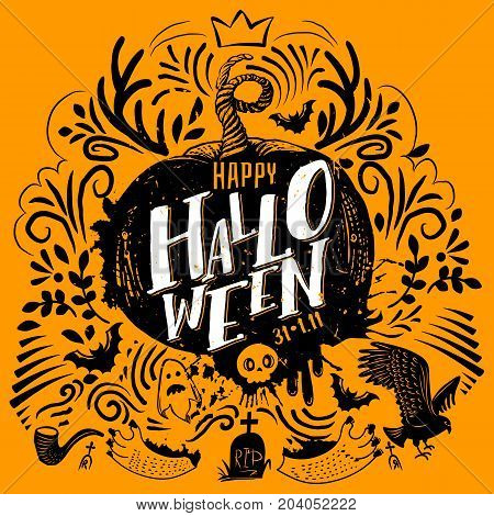 Happy Halloween lettering logo. Greeting card with Horns, ghost, wild cat, grave. Hand drawn typography for horror holiday