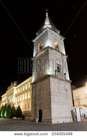 Ancient Bell Tower of the Church of Santa Sofia in the Night of Benevento (Italy)