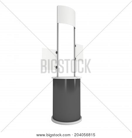 Stall or Kiosk Modern Promostand Reception Desk. Trade show booth white and blank. 3d render illustration isolated on white background. Template mockup for your expo design.