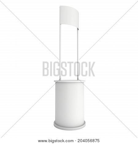Stall or Kiosk Modern Promostand Reception Desk. Trade show booth white and blank. 3d render illustration isolated on white background. Template mockup for your expo design.