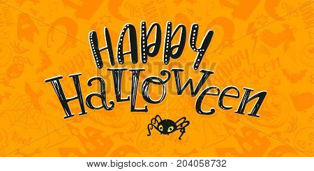 Happy Halloween   pattern and lettering text logo with cartoon siluet spider. Vector. Greeting card, invitation, poster. Black and yellow colors. Grave, ghost, pumpkin, cat, bat, castle