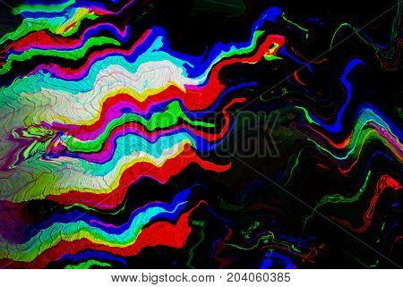 Glitch psychedelic background. Old TV screen error. Digital pixel noise abstract design. Broken pixels glitch. Television signal fail. Technical problem grunge wallpaper. Colorful noise rerto