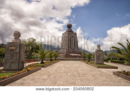 March 2 2017 Quito Ecuador: the monument marking the zero latitude in the Mitad del Mundo is a popular tourist destination
