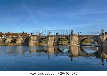 Alte Mainbrucke (old bridge) was erected from 1473 to 1543 Wurzburg Germany.