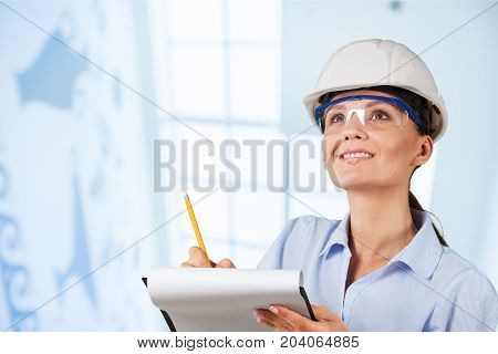 White woman work helemet industrial background industrial design industrial engineering