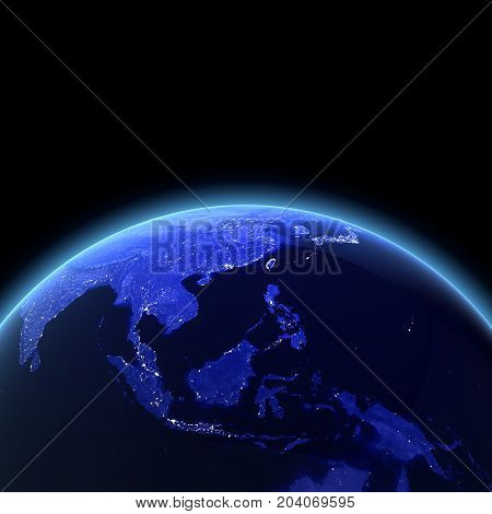 Southeast Asia 3d rendering. Maps from NASA imagery
