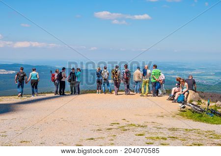 Brocken Germany - May 27. 2017: tourists enjoying the view from top of Brocken Mountain in Germany