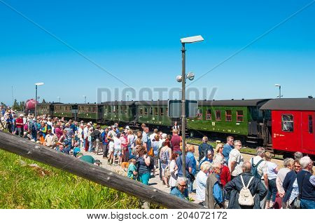 Brocken Germany - May 27. 2017: Tourists waiting for the train at Brocken train station