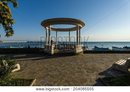 POMORIE BULGARIA - AUGUST 17 2017: Rotunda on the embankment of a seaside town on the Black Sea of Pomorie.