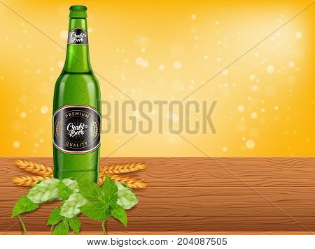 Realistic beer products ad. Vector 3d illustration. Dark craft beer bottle template design. Alcoholic drink brand glass bottle advertisement poster layout.