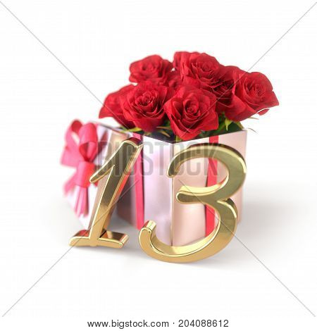 birthday concept with red roses in gift isolated on white background. 3D render - thirteenth birthday. 13th