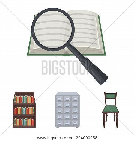 Cabinet with filing cabinet, chair, shelves, information search. Library and bookstore set collection icons in cartoon style vector symbol stock illustration .