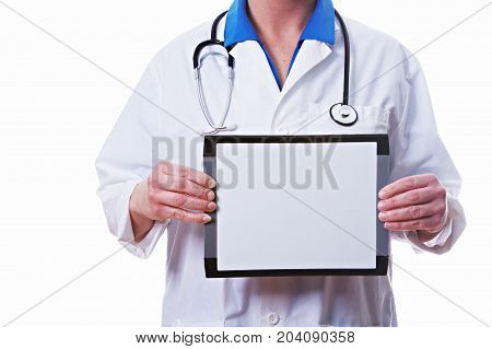 Doctor holding a blank white board isolated.