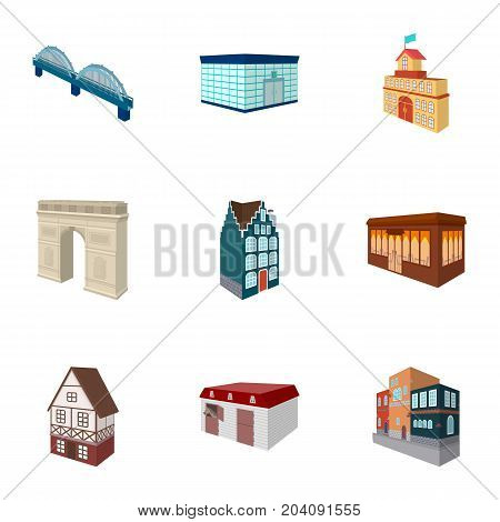 Municipality building, bank office building, stable, wooden hut, bridge and other architectural structures. Architecture and facilities set collection icons in cartoon style vector symbol stock illustration .