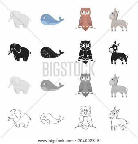 An elephant, a large land animal, a whale, a donkey, a night owl. Animals set collection icons in cartoon black monochrome outline style vector symbol stock illustration .