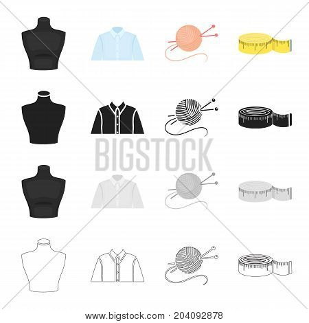 Measuring tape for sewing, mannequin, man's shirt, tangle with knitting needles. Sewing and equipment set collection icons in cartoon black monochrome outline style vector symbol stock illustration .