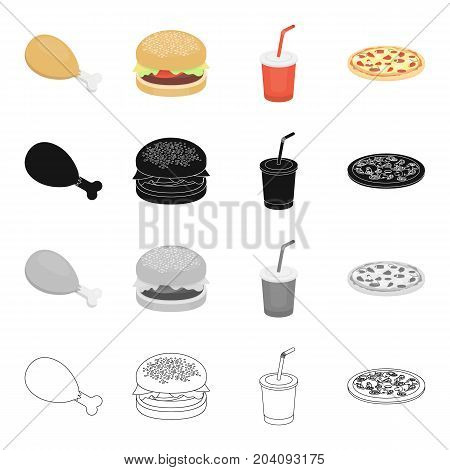 Chicken legs, fast food burger, Cola in a glass, pizza. Fast food set collection icons in cartoon black monochrome outline style vector symbol stock illustration .